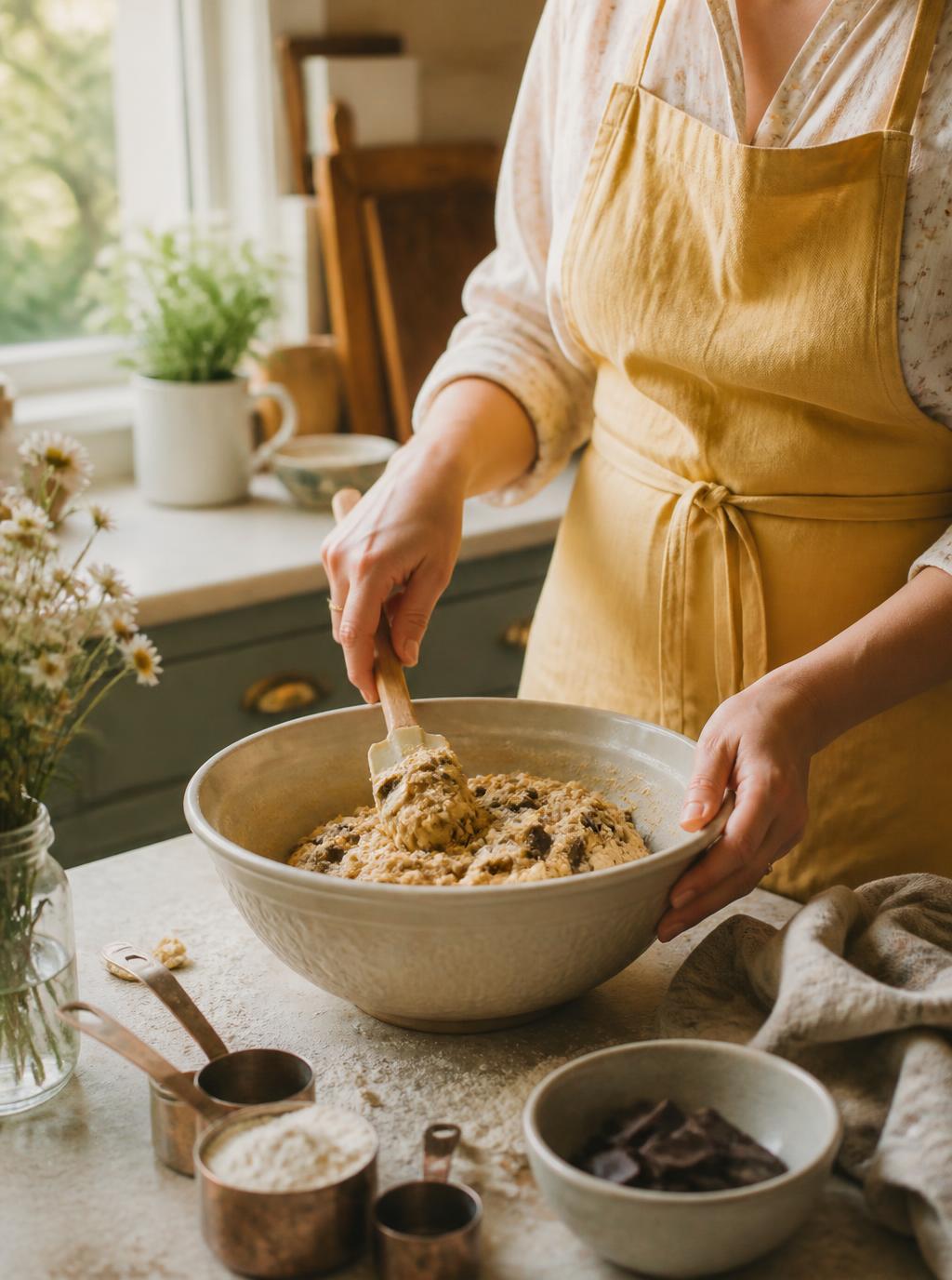 Cookie dough being folded by hand in a sunlit home kitchen